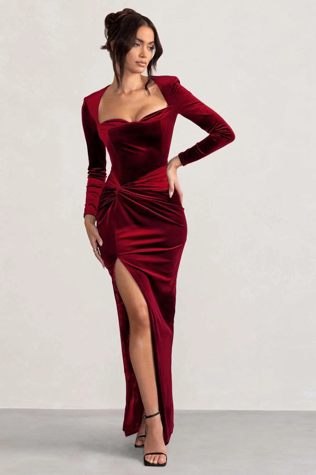 Sexy Velvet Elastic Tight Long Sleeved Dress Elegant Bodycon Slit Party Evening Dress Autumn/winter 2025New Slim Vestido