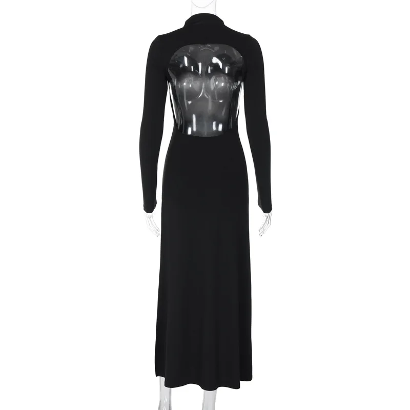 Ootddress Black Backless Slim Long Dress For Women High Split Fashion Long Sleeve Patchwork Party Dress Ladies Elegant Maxi Dress