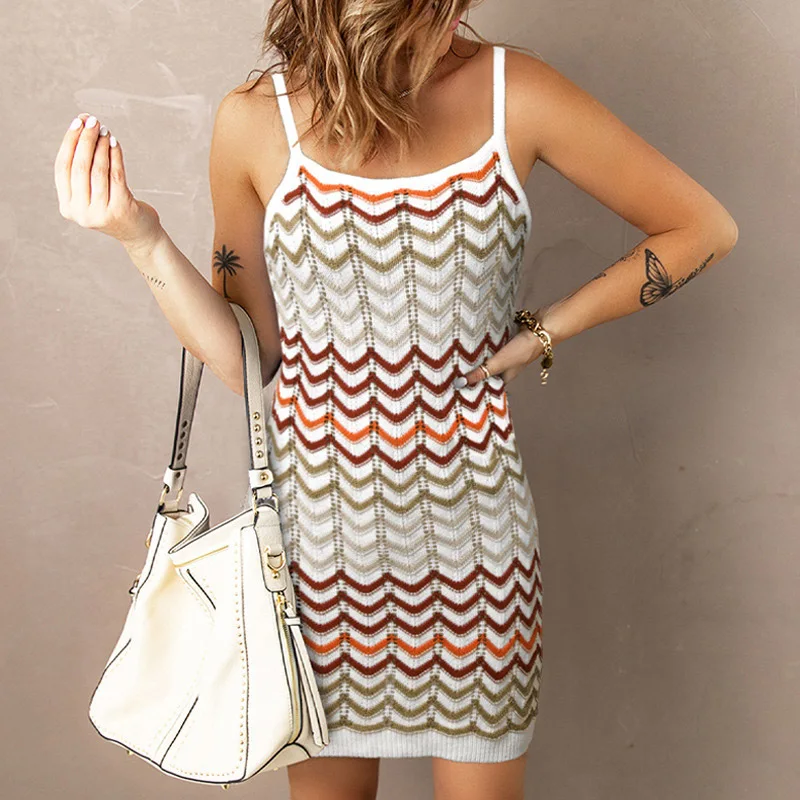 Color Wavy Stripes Slim Spaghetti Strap Mini Dresses Women Knitted Hollow Out Package Hip Bodycon Short Dress Female Streetwear 25 undefined