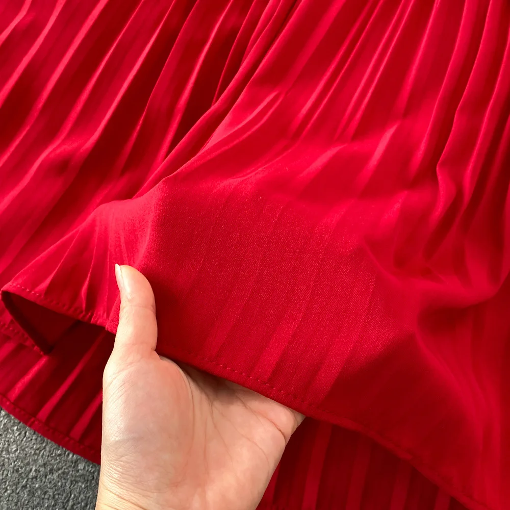 Women Elegant Pleated Dress Summer Short Sleeve V-neck Vintage Dresses Ladies A Line High Waisted Midi Dress