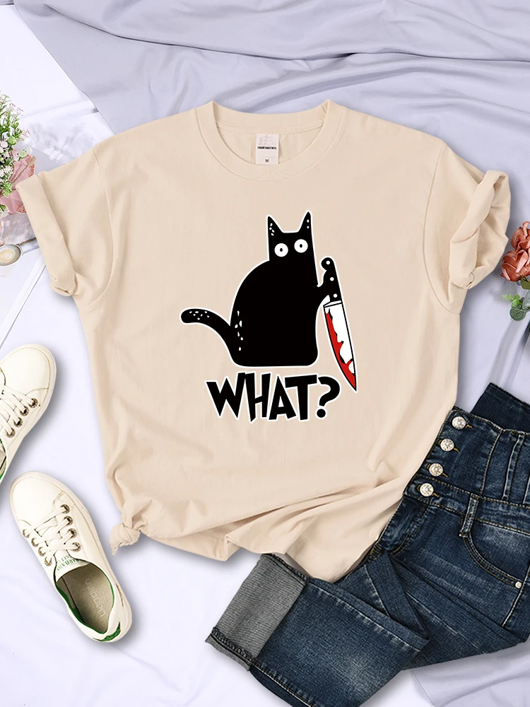 Kitchen Knife Black Cat Wha? Print Female Short Sleeve Fashion Breathable T-Shirts Summer Cool Tee Clothes Street Hip Hop Tops