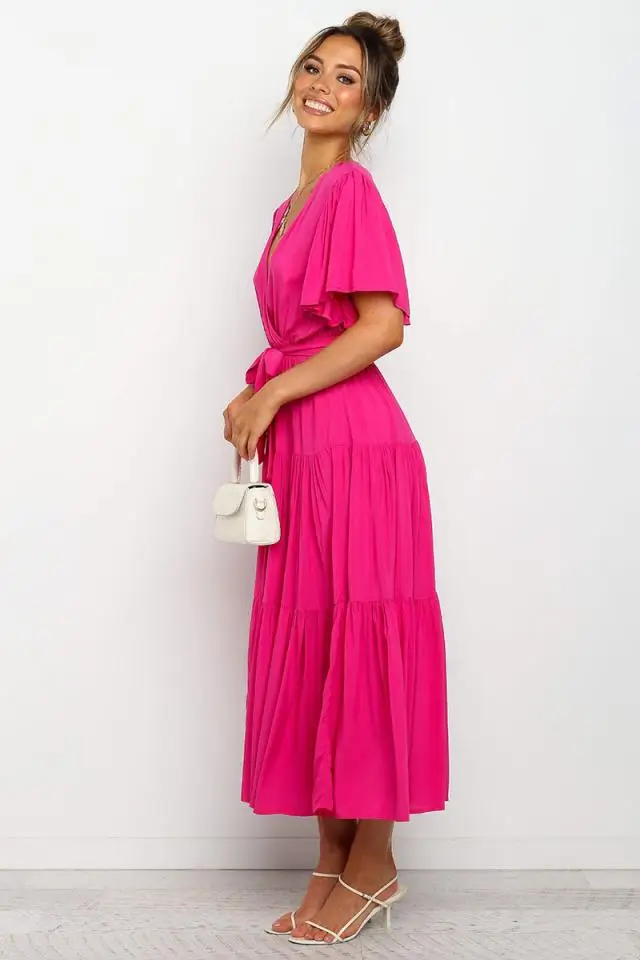 Trendy Solid Color Ruffles Long Dresses Women Sexy V-neck Ruffle Sleeves Leace-up Temperament Elegant Lady Dress 2025 Summer New 46 undefined