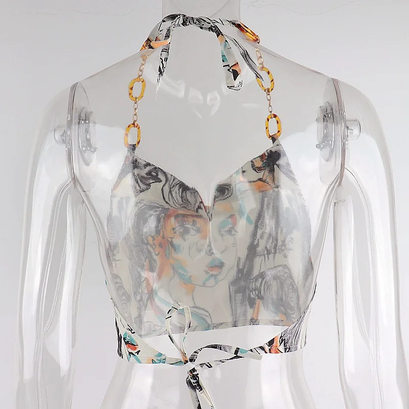 Ootddress Printed Summer Halter Neck Tops For Women Mini Tank Top Beach Party Camis Abstract Oil Painting Design Backless Top 2025