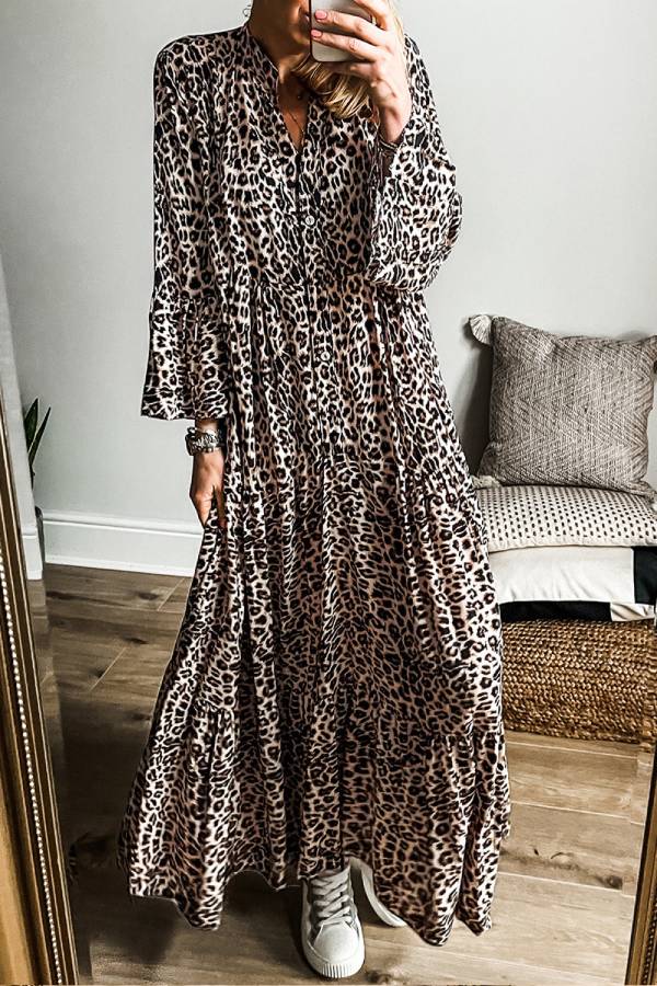 Big Cat Spot Print Mandarin Collar Button-Front Tiered Trumpet Sleeve Maxi Dress