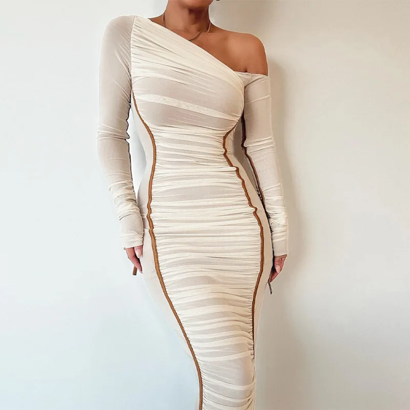 Ootddress White Mesh Off-Shoulder Maxi Dress Female Long Sleeve Patchwork Fashion Contrast Summer Backless Ladies Party Long Dress
