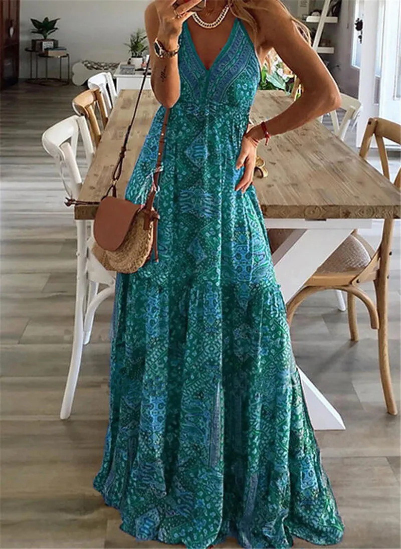 2025 Spaghetti Strap Dresses For Women Vintage Printed Bohemian Style Beach Dress Fashion Sexy V-neck Lady Maxi A-line Vestidos