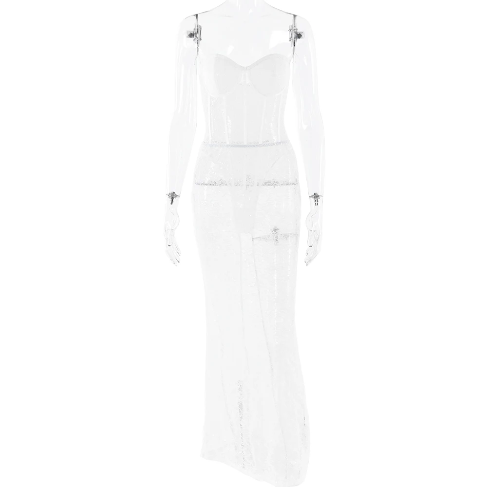 Ootddress Sexy Lace Patchwork Bodysuit Long Skirt Set Women Zipper Tight Top Split Half Skirt See Through Two-piece Fall New