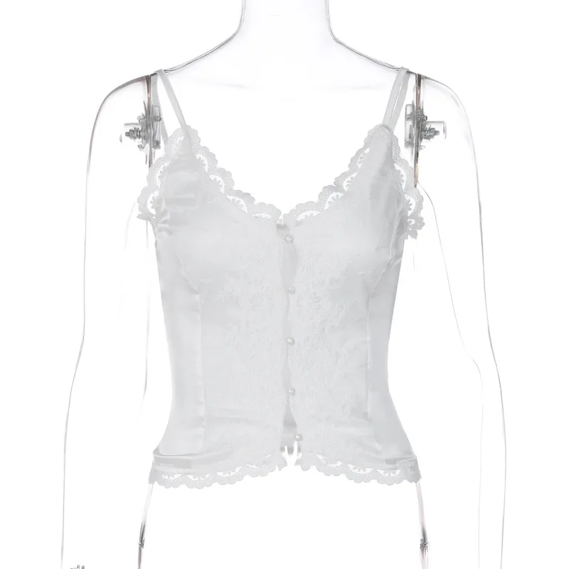 Ootddress Lace Casual Female Camisole Y2k Top V-Neck High Waist Streetwear White Backless Patchwork See-Through Women Tank Top Vest