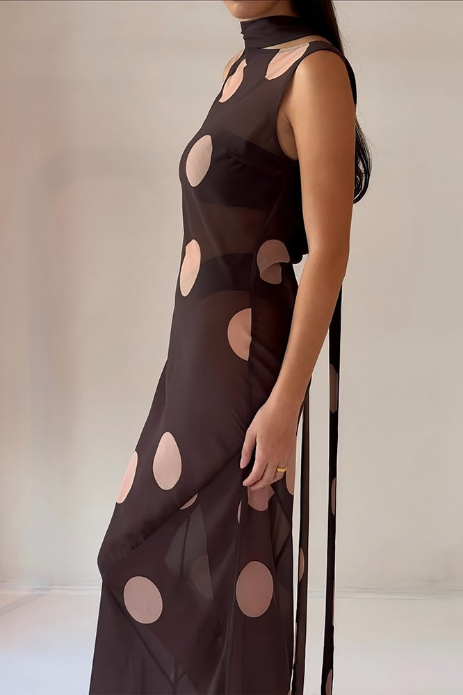 Brown Polka Dot Sleeveless Bodycon Maxi Dress