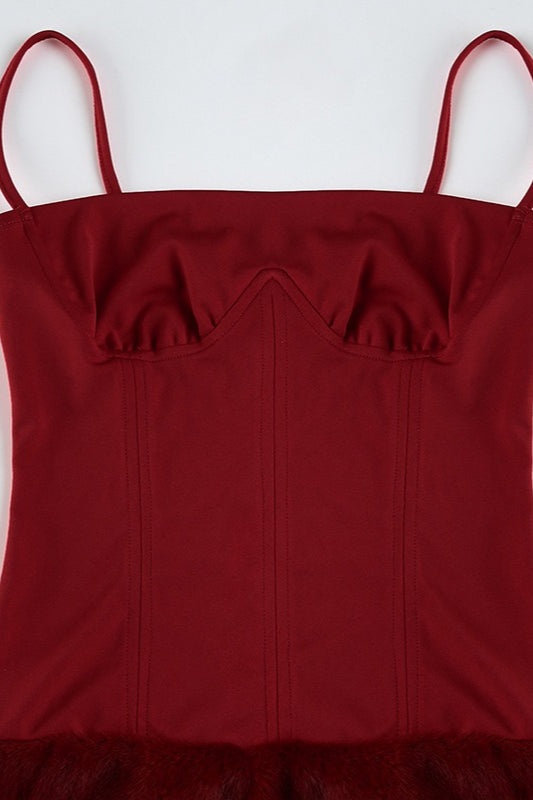 Spaghetti Strap Corset Bustier Faux Fur Trim Bodycon Mini Dress