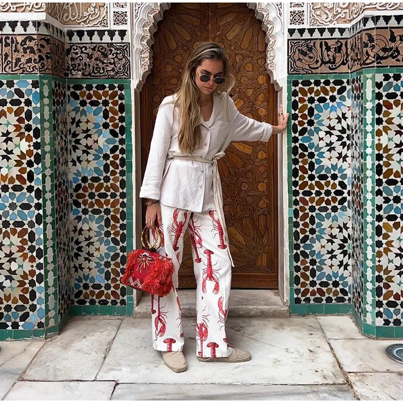 Cartoon Cray Printing Long Pants Set For Women 2025 Summer Short Sleeve Shirt High Waist Wide Leg Pant 2 Piece Sets Lady Outfits