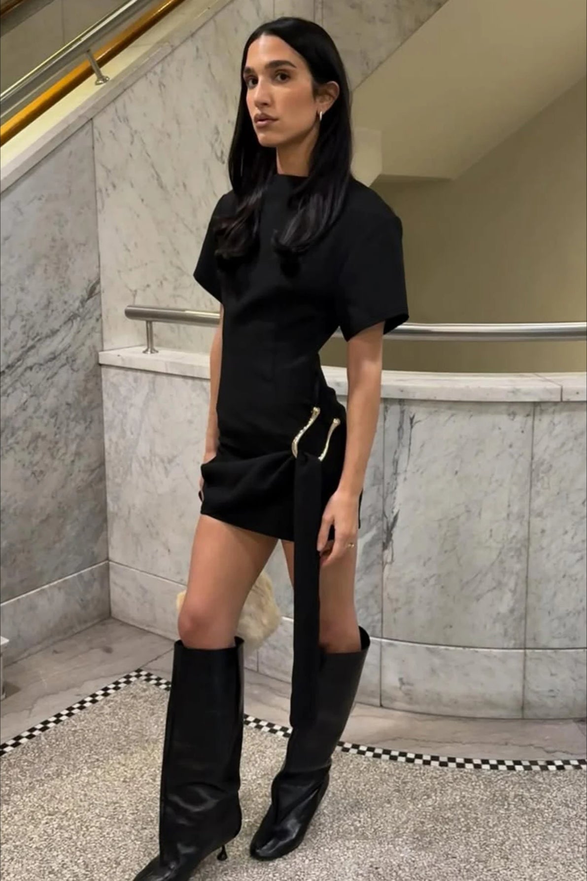 Short Sleeve Crew Neck Metal Hardware Draped Sash Mini Dress