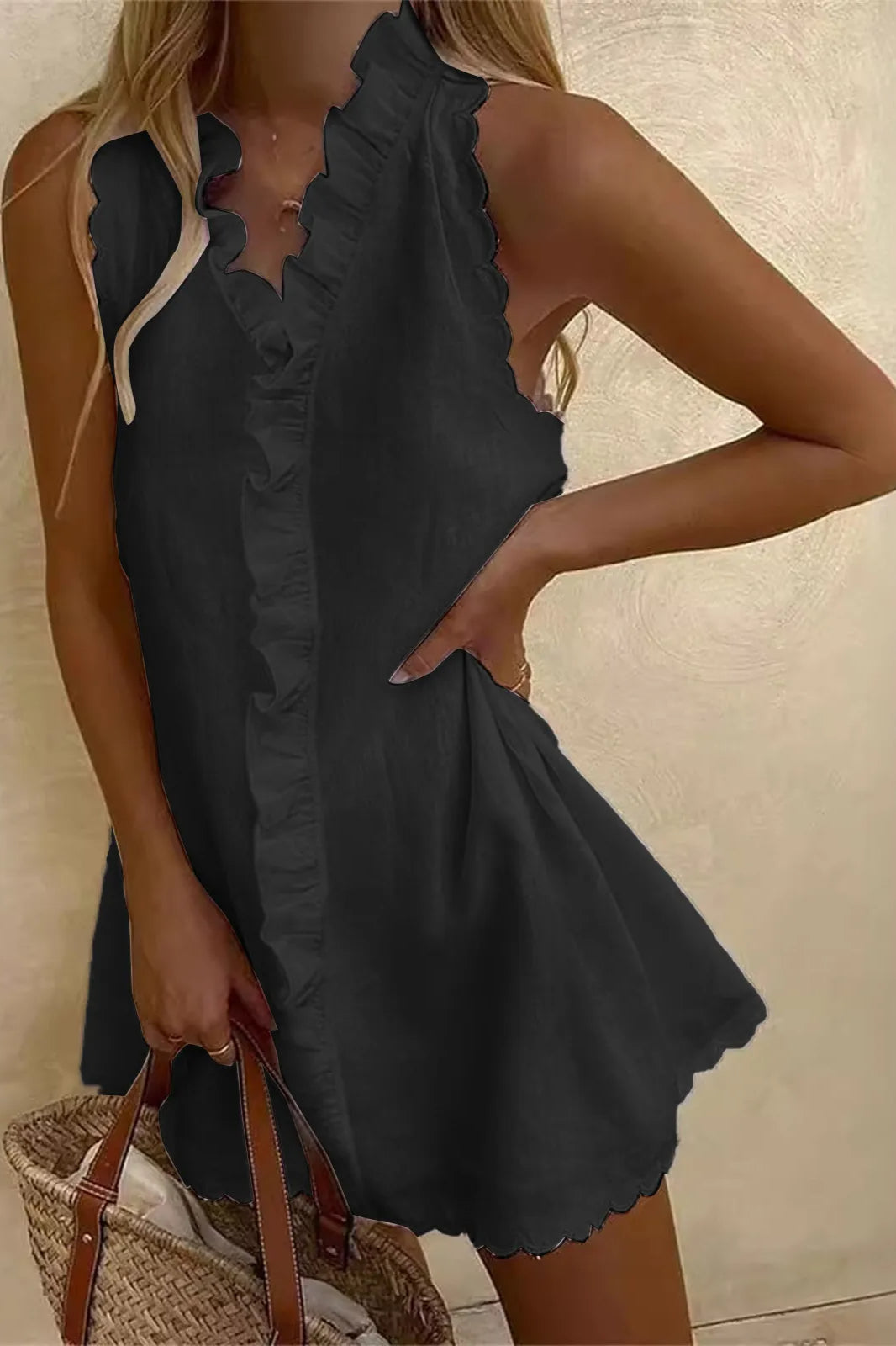 Sleeveless Ruffle Trim V-Neck Scalloped Hem Linen Blend Mini Dress