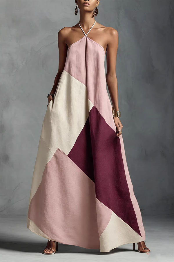 Tuscan Sun Geometric Patchwork Halter Dress