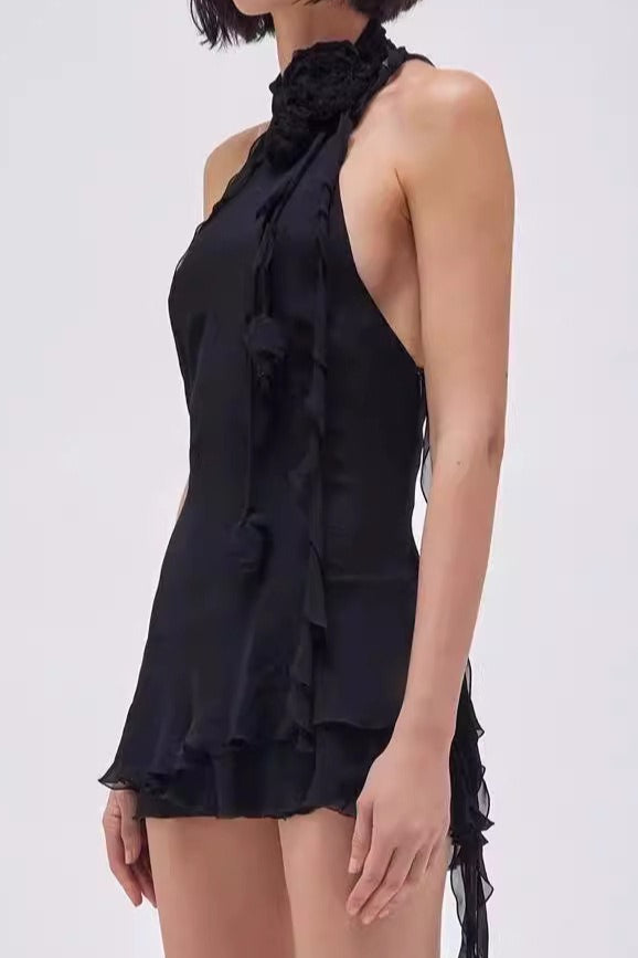 Asymmetric Rosette Applique Halter Mini Dress