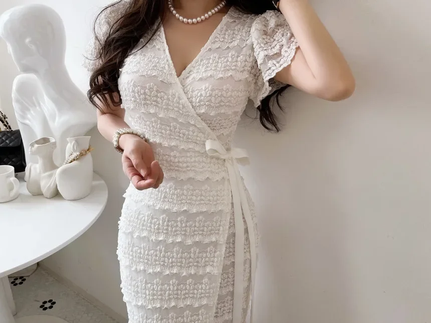 Women Elegant Bodycon Dress Summer Sexy V-neck Short Sleeve Korean Long Dresses Ladies Vintage Solid White Black Long Robe