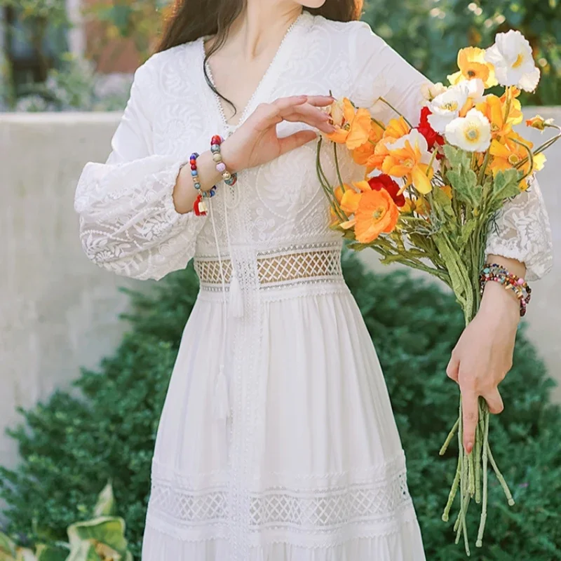 Bohemian White Beach Dress Women Elegant Party Dresses Spring Auutm V-neck Sexy Hollow Out High Waist Long Robe Vestidos