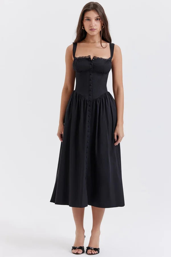 Square Neck Lace Trim Button Front Basque Waist Corset Midi Dress