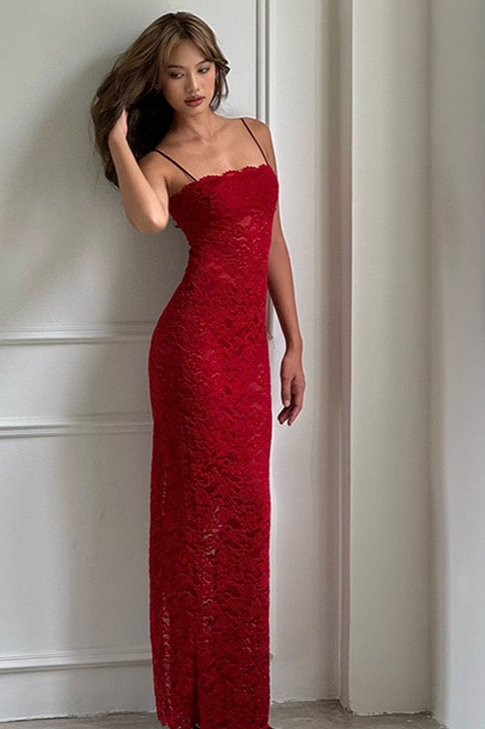 Lace Scalloped Square Neck Spaghetti Strap Bodycon Maxi Dress