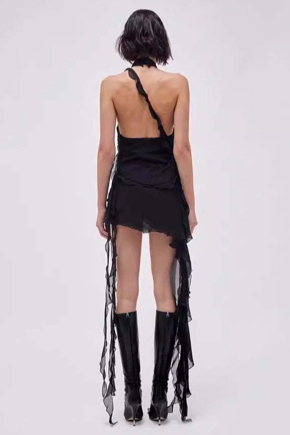 Asymmetric Rosette Applique Halter Mini Dress