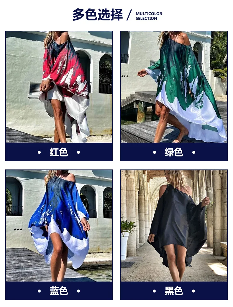 2025 Summer New Printed Dresses Women Sloping Shoulders Loose Casual Beach Vacation Irregular Dress Fashion Beachwear Vestidos 6 2025 Summer New Printed Dresses Women Sloping Shoulders Loose Casual Beach Vacation Irregular Dress Fashion Beachwear Vestidos