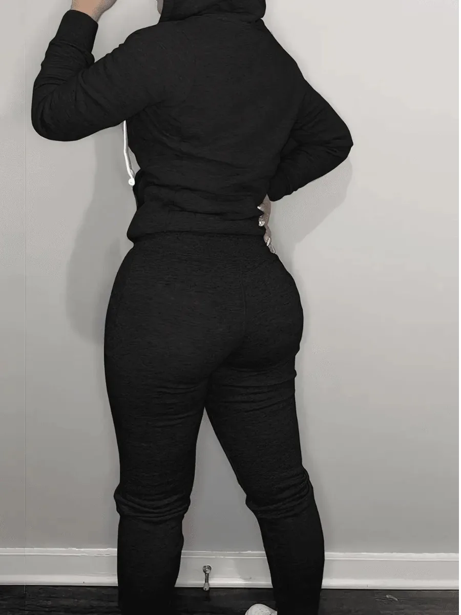 Simple Two Piece Set Women Casual Sporty Long Sleeve Zipper Design Top Hooded Collar Broken Heart Print Female Tracksuit Set