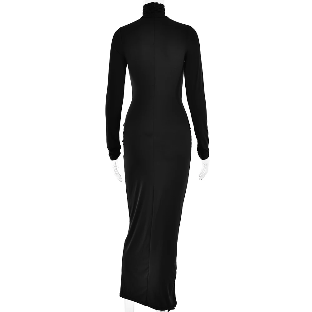 黑3.jpg Ootddress High Neck Long Sleeve Bodycon Dress For Women Tight Elastic Lace Up Maxi Long Dress Autumn New Party Club Vestidos