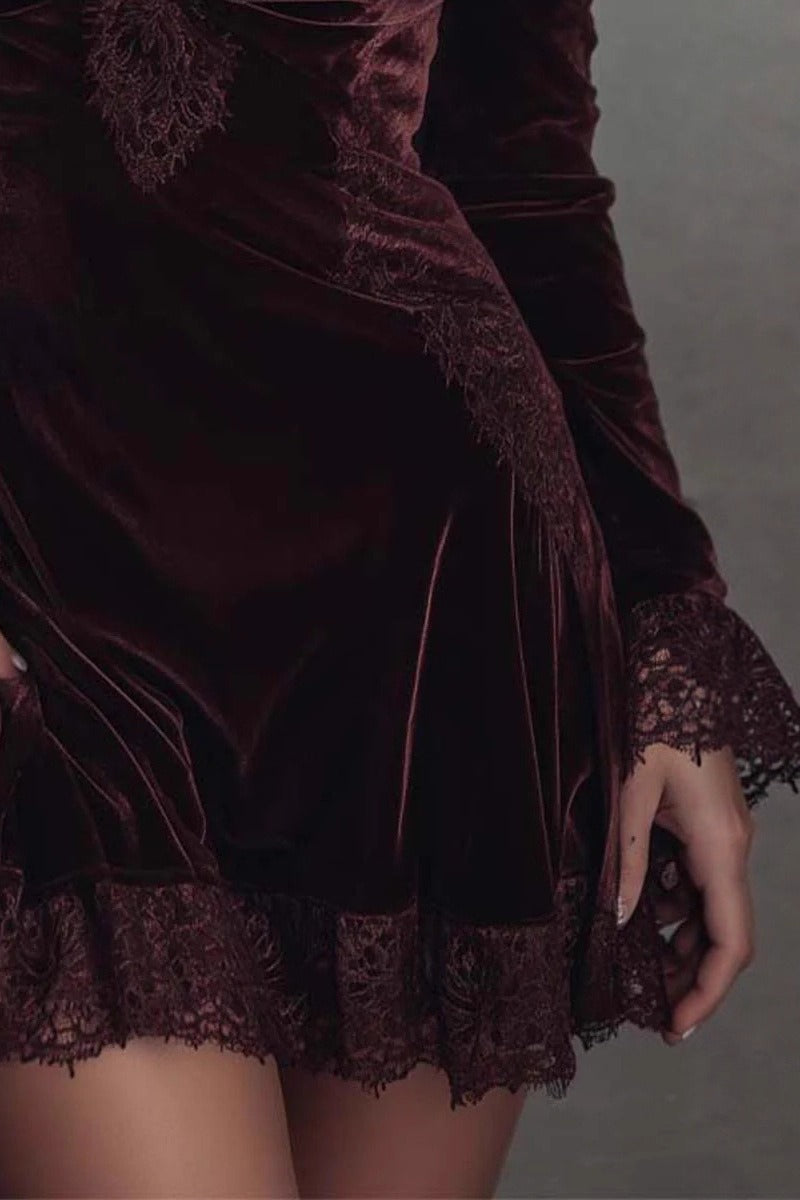 Red Velvet Lace Trim Mini Dress