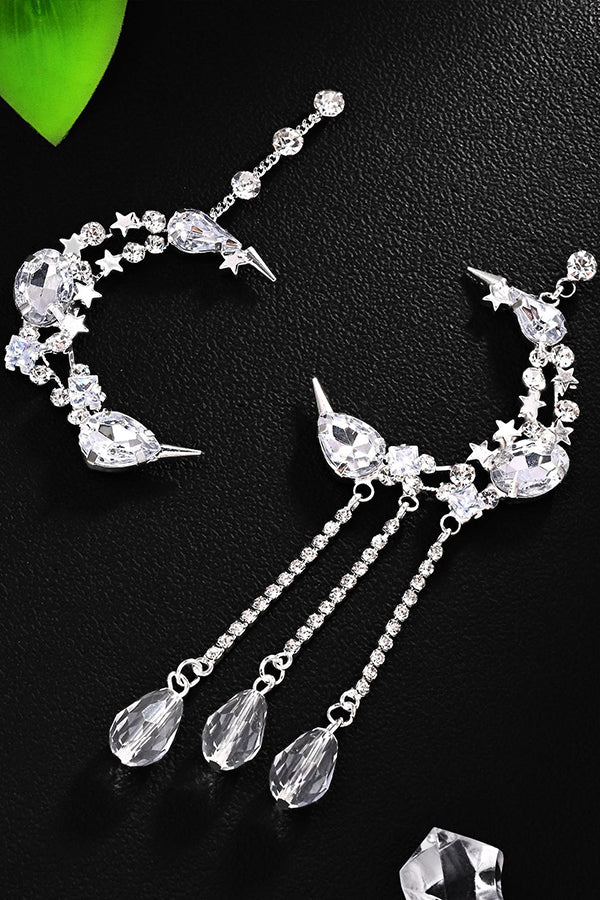 Rhinestone-Embellished Moon and Tassel Drop Earrings