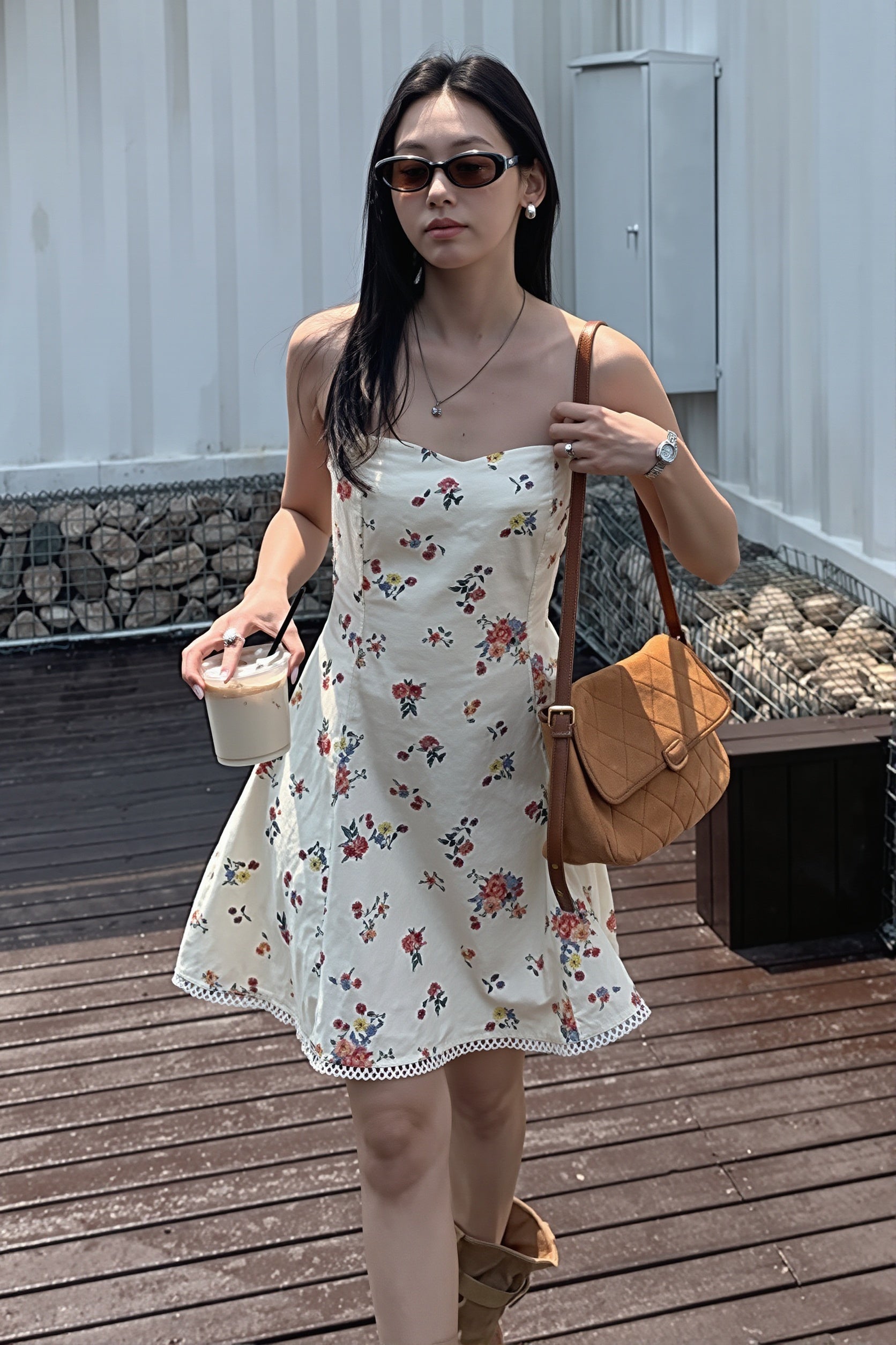 Strapless Floral Print Scalloped Lace Hem Bandeau Mini Dress