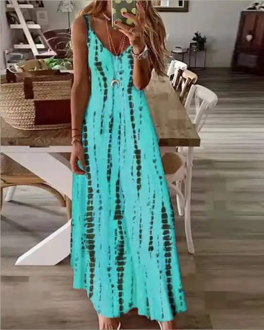 Casual Printed Maxi Spaghetti Strap Dresses For Women V-neck Backless A-line Long Dress Fashion Bohemian Style Beach Vestidos 14 undefined
