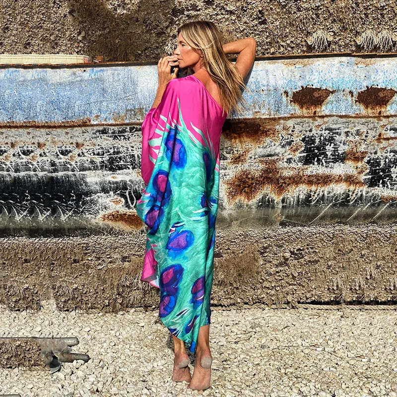 Color Butterfly Print One Shoulder Sleeve Dresses Women Sexy Off Shoulder Loose Beach Vacation Irregular Long Dress Streetwear 9 undefined