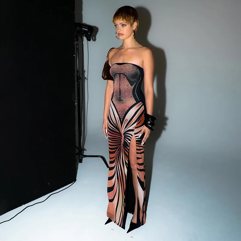 Women Vintage Butterfly Oil Painting Print Wrap Strapless High Split Prom Casual Gowns