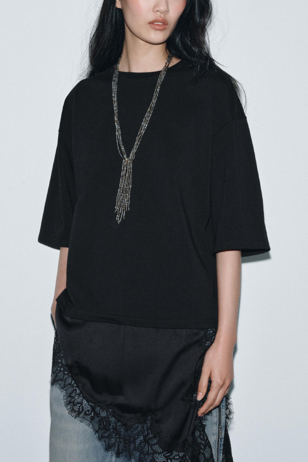 Stylish Round Neck Short-sleeved Patchwork Lace Hem Loose T-shirt