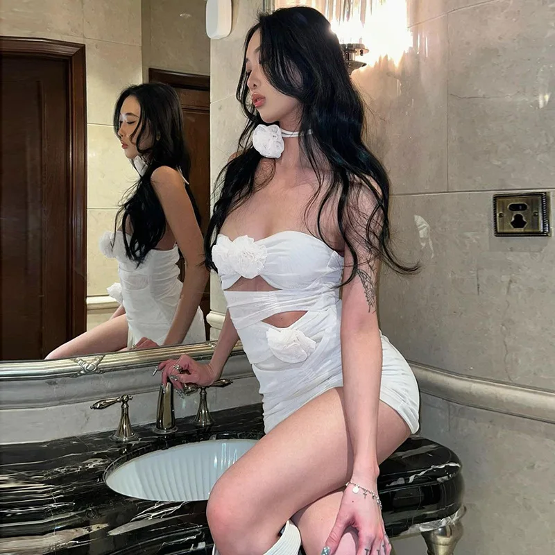 Ootddress Lace Up Flower Sexy Dress For Women Njght Hollow Out Summer Mini Dresses Woman Slim Party Backless Dress Women's Clothing