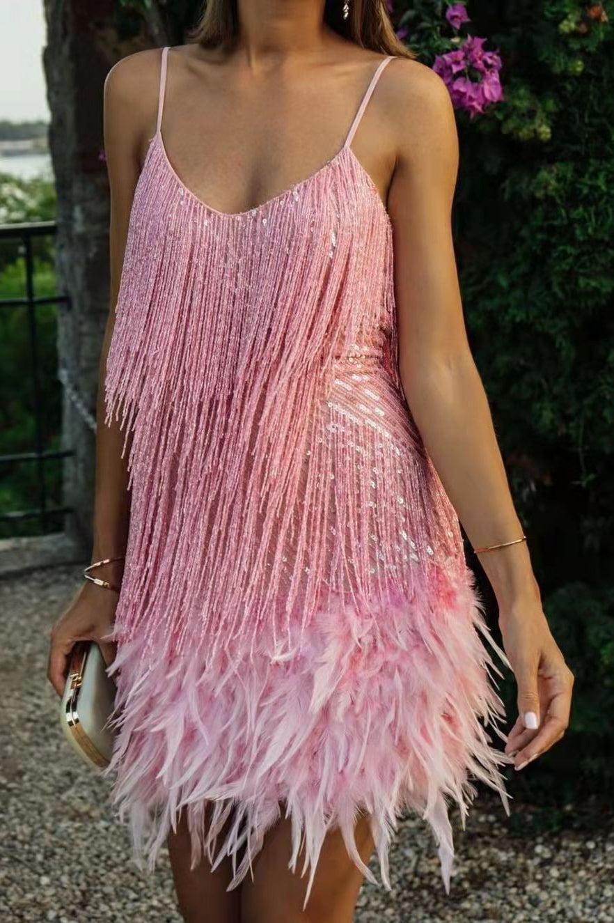Sequin Fringe Feather Hem Spaghetti Strap Mini Dress