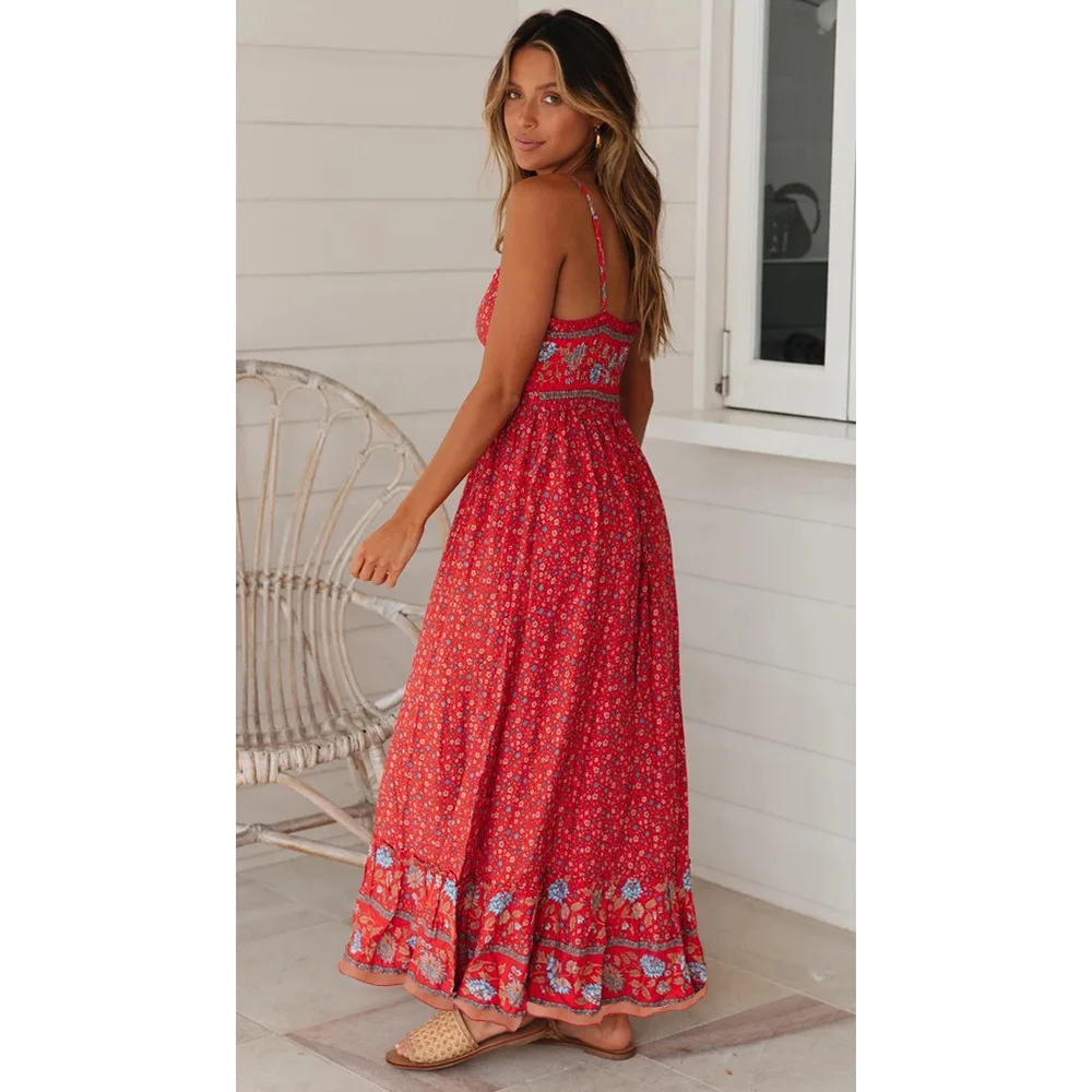 Bohemian Floral Spaghetti Strap Dresses Women Sexy V-neck Backless Casual Beach Vacation Long Dress Female Vestidos Summer New 21 undefined
