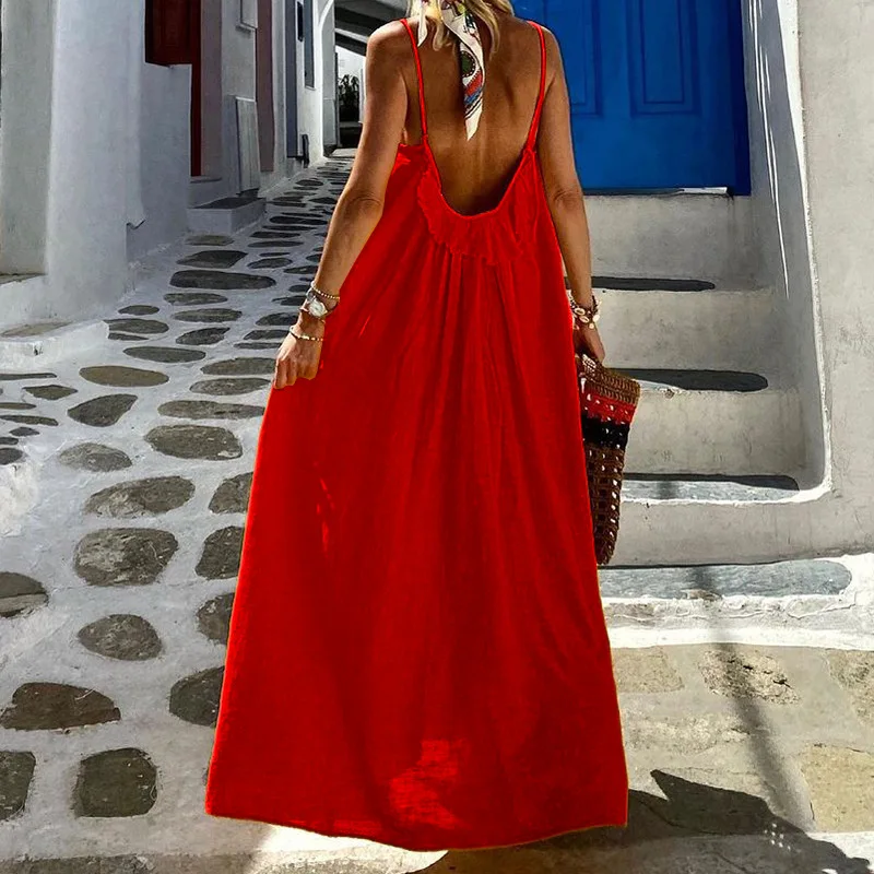 Bohemian Solid Color Spaghetti Strap Dresses Women Loose Sexy Backless Beach Vacation Long Dress Female Fashion Casual Vestidos 10 undefined