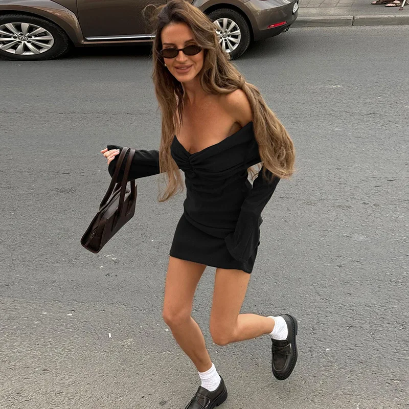 Ootddress Vintage Pleated Slim Mini Dress Women Off-Shoulder Fashion Long Sleeve Patchwork Party Dress Female Solid Backless Drerss