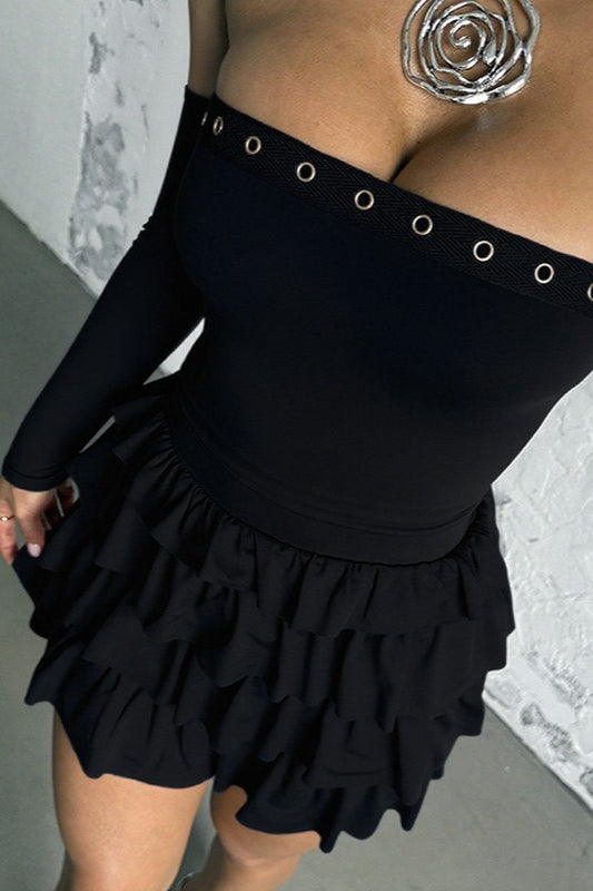 Grommet Trim Off-Shoulder Long Sleeve Tiered Ruffle Bodycon Mini Dress