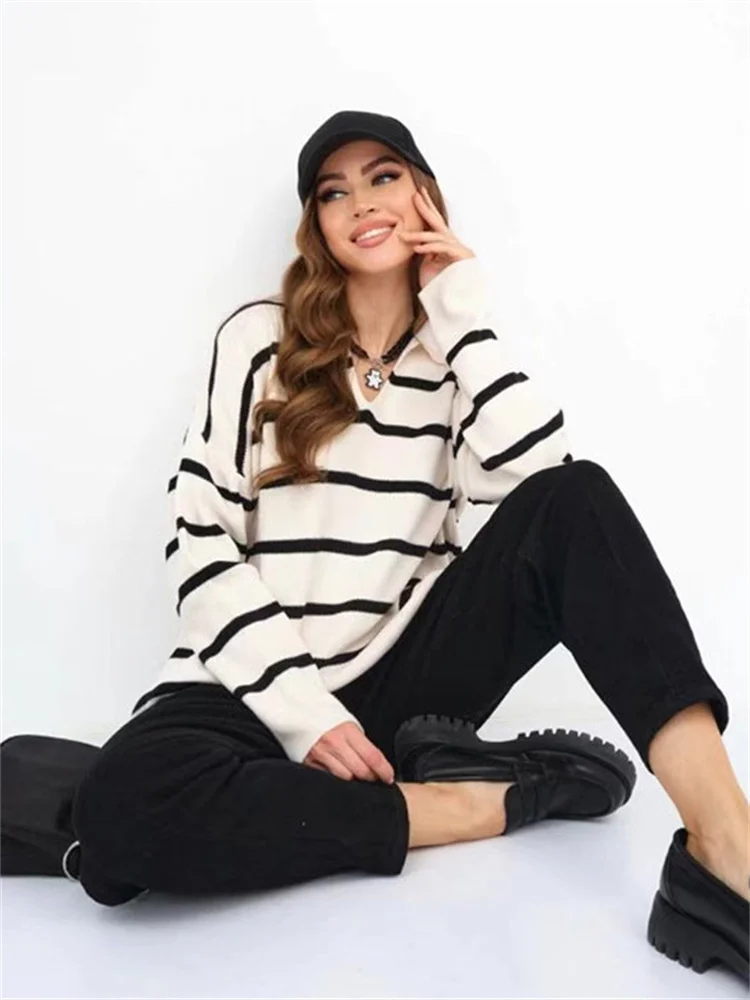 Ootddress V-Neck Knit Casual Pullover For Women Striped Slim Long Sleeve Contrast Loose Sweater High Street Knitwear Pullover Top