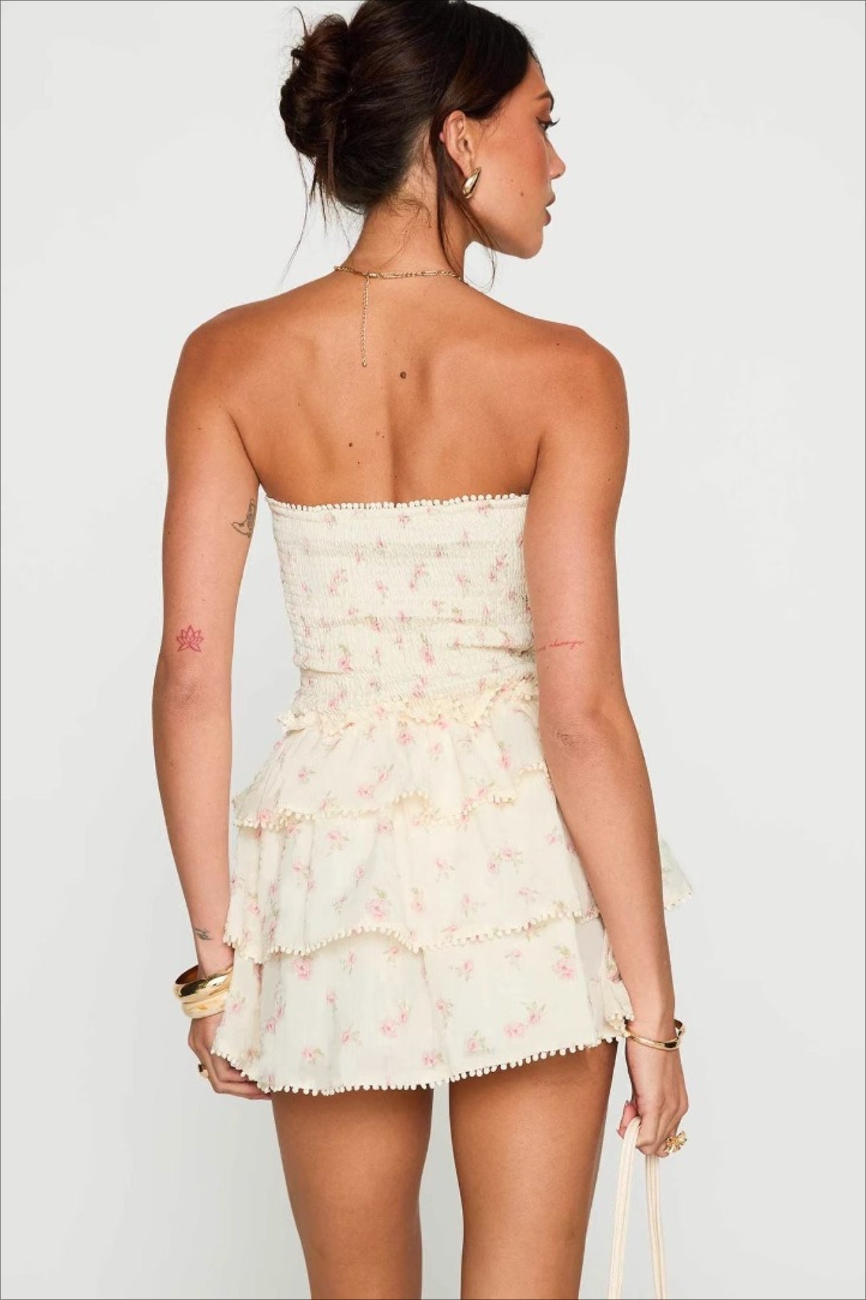 Strapless Smocked Floral Tiered Ruffle Pom Trim Mini Dress