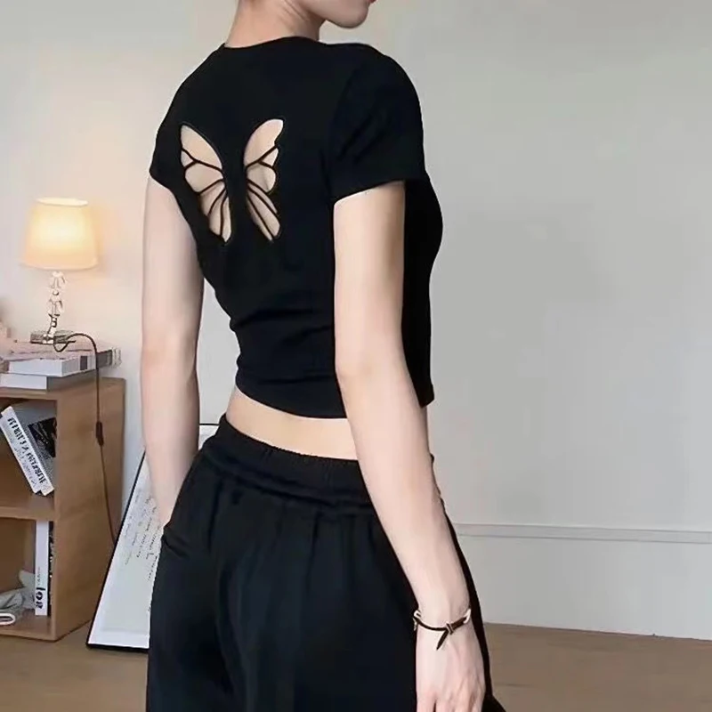Fashion Women T-shirt Short Sleeve O Neck Solid Slim Fit Ladies Crop Top Butterfly Hollow Backless for Casual Tops Summer 2025 9 Fashion Women T-shirt Short Sleeve O Neck Solid Slim Fit Ladies Crop Top Butterfly Hollow Backless for Casual Tops Summer 2025