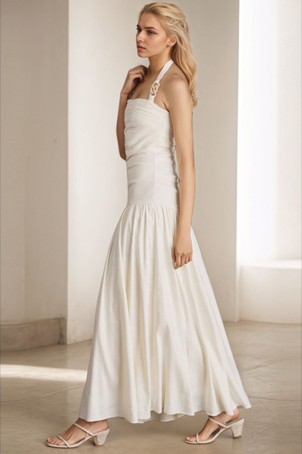 Halter Neck Ruched Drop Waist Flowy Pleated Maxi Dress