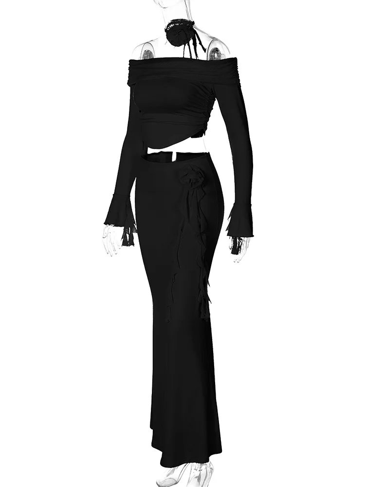 Ootddress Winter New Sexy Long Sleeved Half Skirt Set For Woman 3D Flower Slim Tight Long Skirt Party Evening Dress Two Piece Set 42 Ootddress Winter New Sexy Long Sleeved Half Skirt Set For Woman 3D Flower Slim Tight Long Skirt Party Evening Dress Two Piece Set