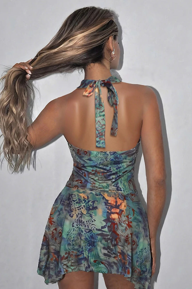 Halter Neck Ring Waist Abstract Print Plunge V-Neck Mini Dress