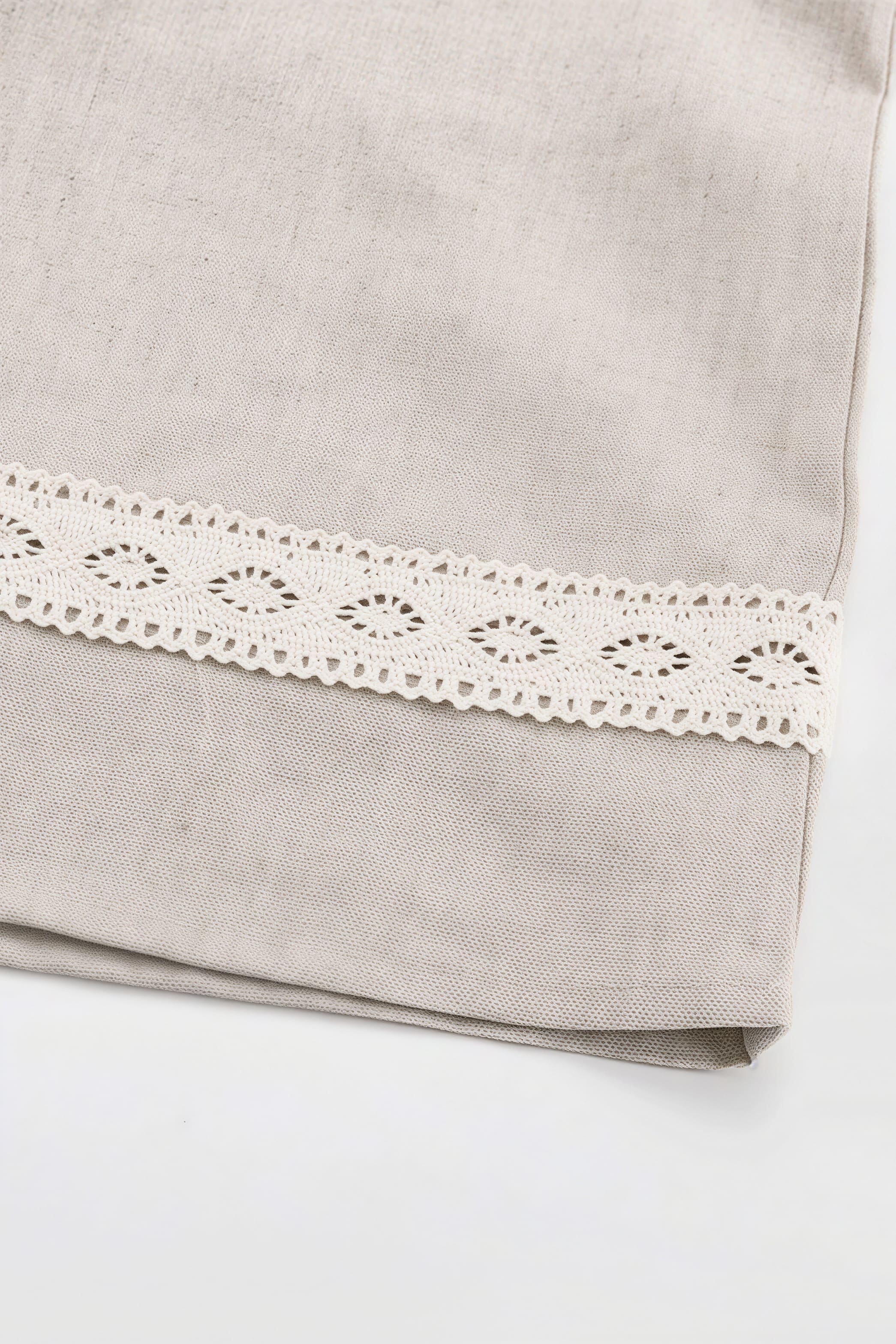 Eyelet Lace Trim Button Front Lantern Sleeve Linen Look Mini Dress