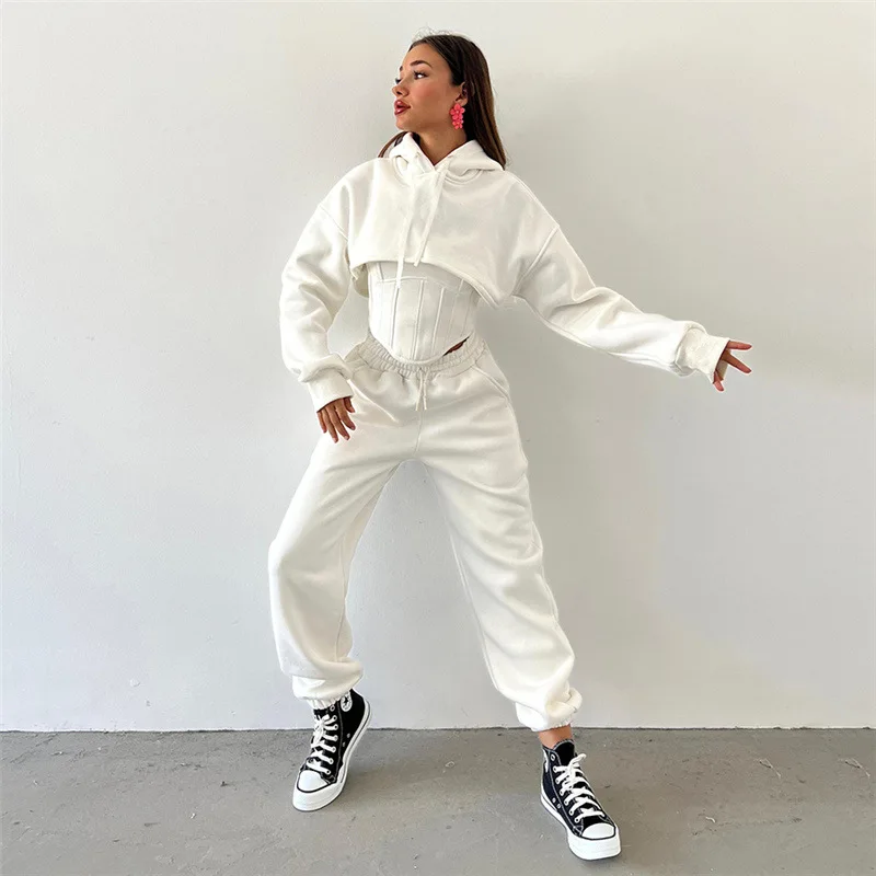 Ootddress Lace Up Pants Sets Women Slim Solid Splice Tank Tops Woman Long Sleeve Short Hoodies And Pant Suits Women Outfits Winter