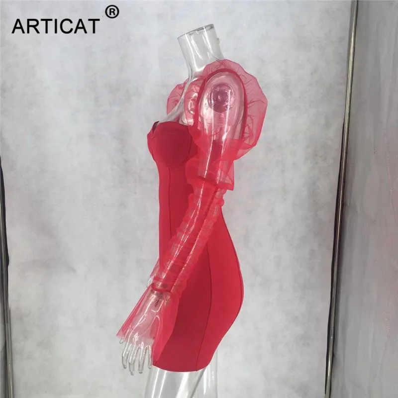 Ootddress Sexy Mesh Puff Sleeve Party Dress Women Low Collar Backless Patchwork Red Mini Dress Nightclub 2020 Spring Vestidos