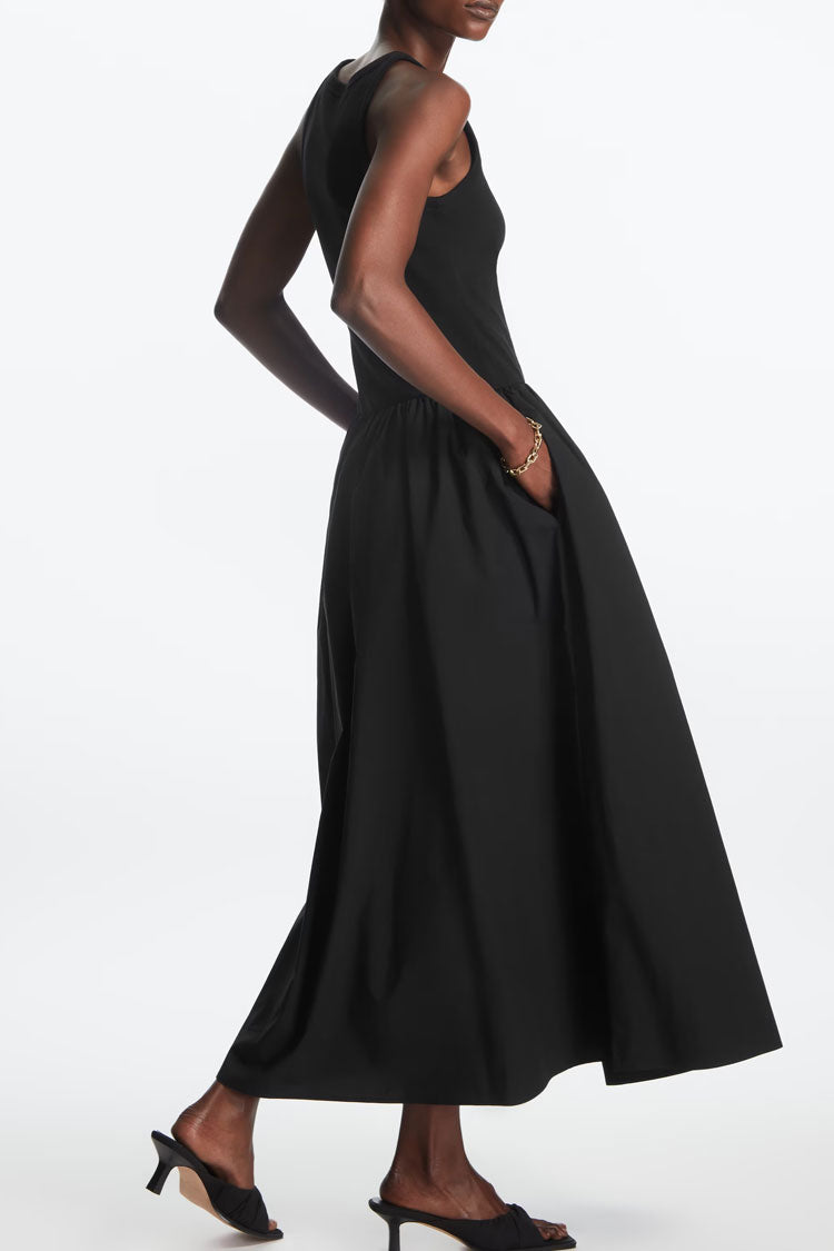 Ribbed Tank Bodice Gathered Woven Pocket Maxi Dress